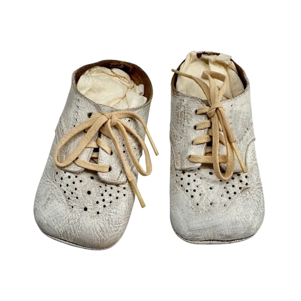 Vintage Leather Baby Shoes White Display Nursery Decor Keepsake Infant 4in